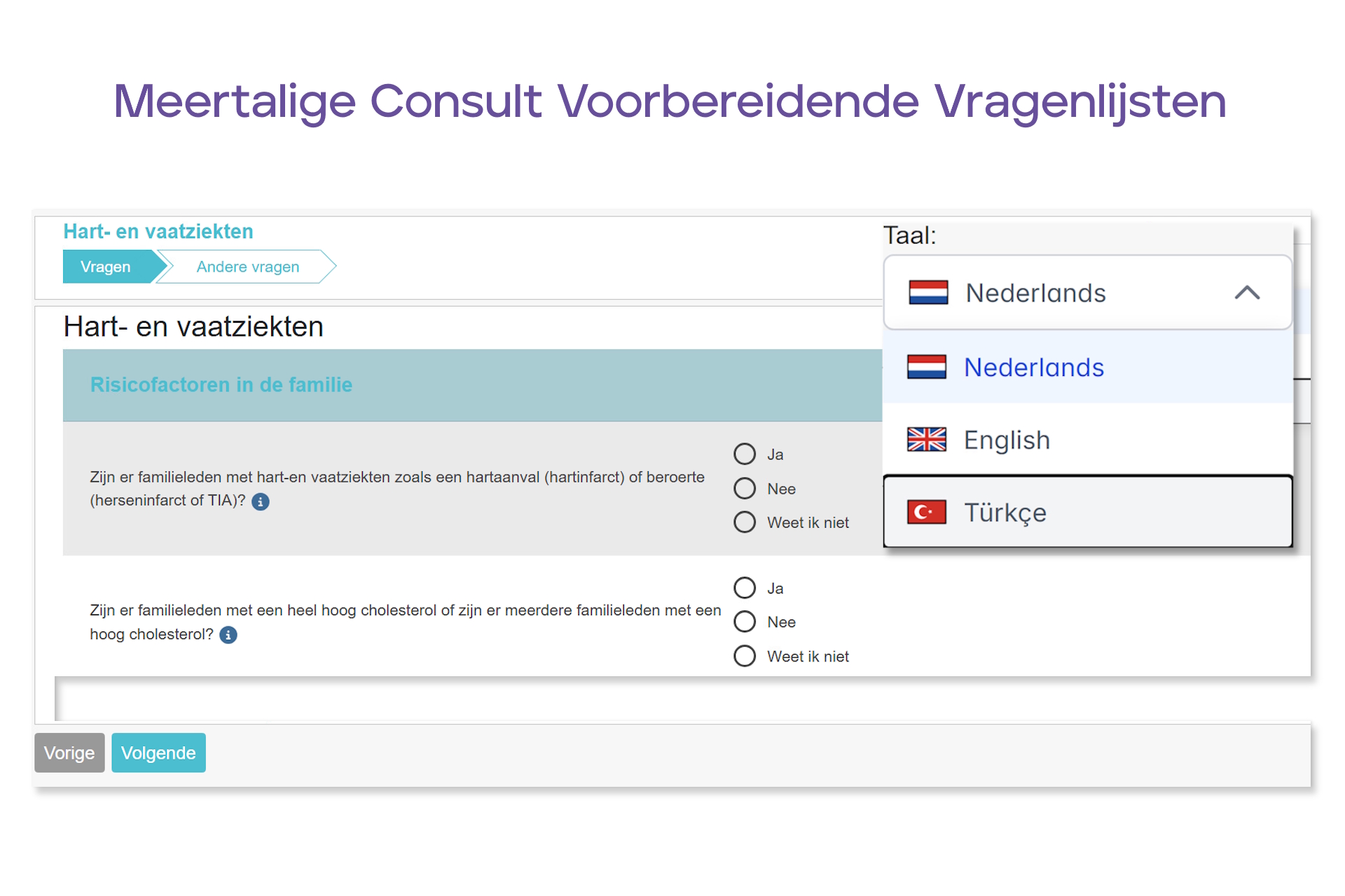 Consult Voorbereidende Vragenlijsten in Engels en Turks